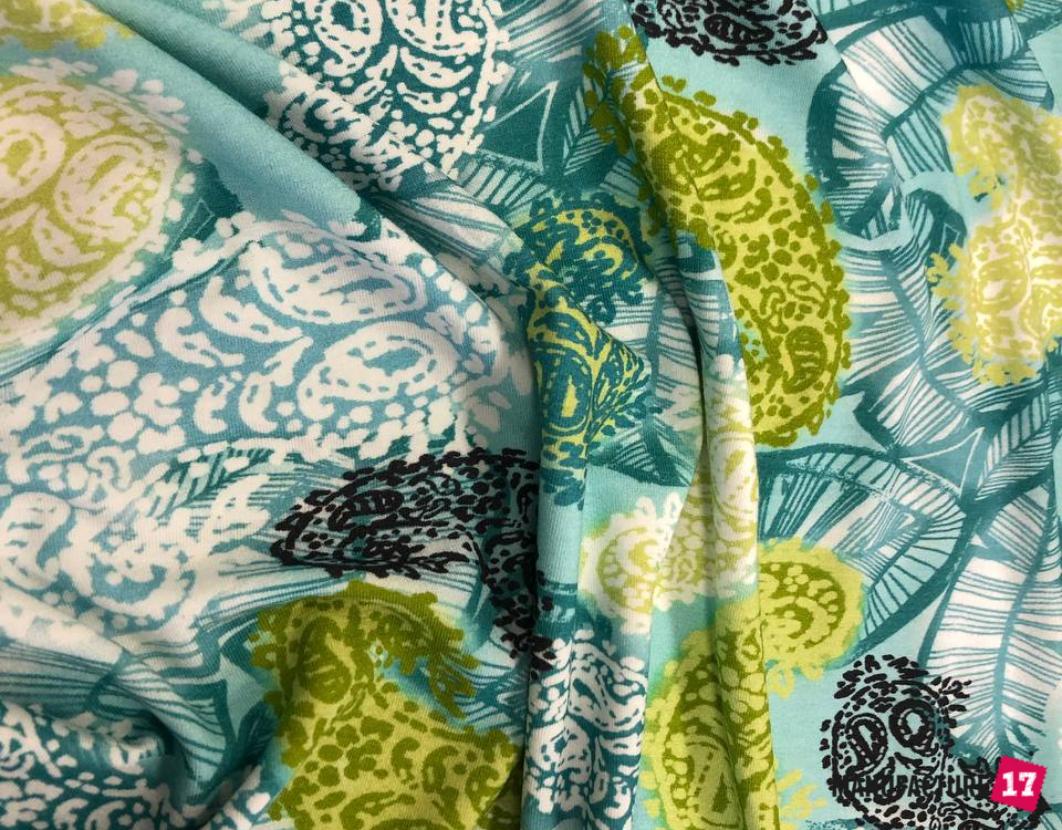 Трикотаж віскоза блакитний (принт огірки), 